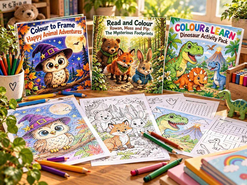 Colouring and activity book covers — Colour to Frame, Read and Colour, and a dinosaur activity pack — with colouring pencils and part-coloured pages on a table.