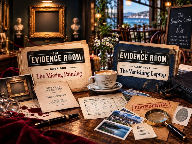 Two Evidence Room case folders on a desk — Case 001: The Vanishing Laptop and Case 002: The Missing Painting — with case notes, photographs and a magnifying glass.