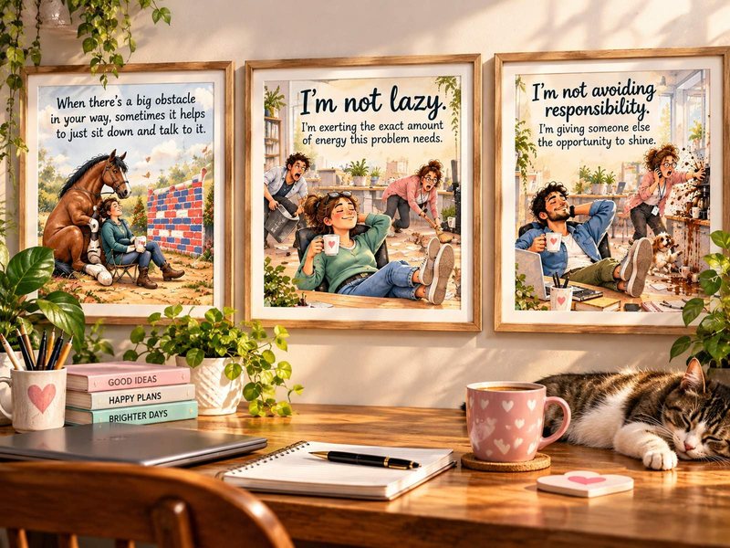 Three framed humorous wall art prints on a wall above a desk, with a sleeping cat, a coffee mug and a laptop in front.