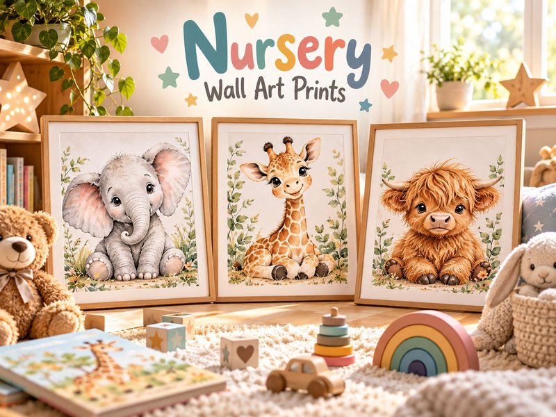 Three framed nursery prints showing an elephant, a giraffe and a Highland cow, above a nursery floor with soft toys.